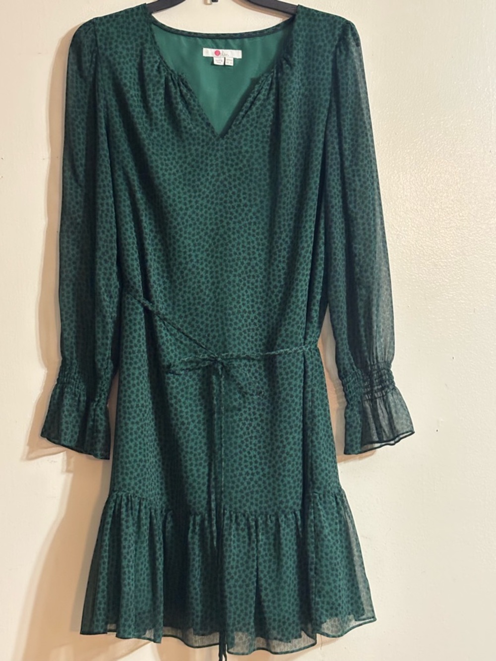 Boden Green Black Leaf Printed Long-Sleeve Tie-Waist Dress